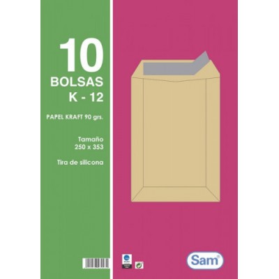 PAQUETES DE 10 BOLSAS KRAFT CON TIRA DE SILICONA TAMANO 250X353 90 GRS SAM 665101