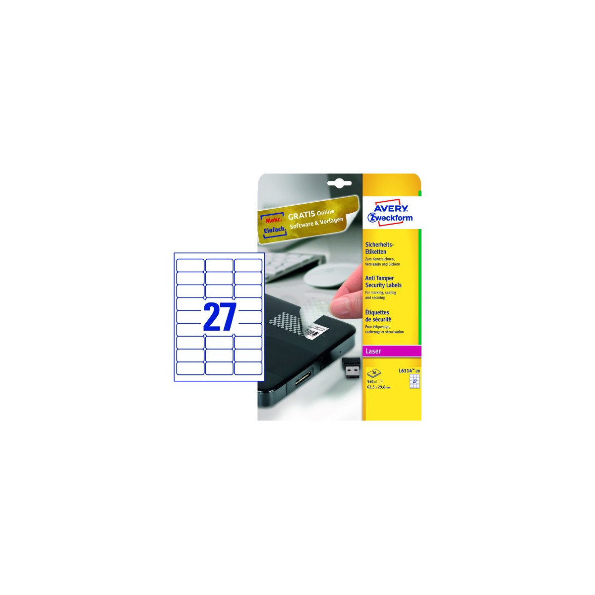 PAQUETE 20 HOJAS ETIQUETAS BLANCAS ANTI MANIPULACIoN IMPRESORAS LaSER 635X296 MM AVERY L6114 20