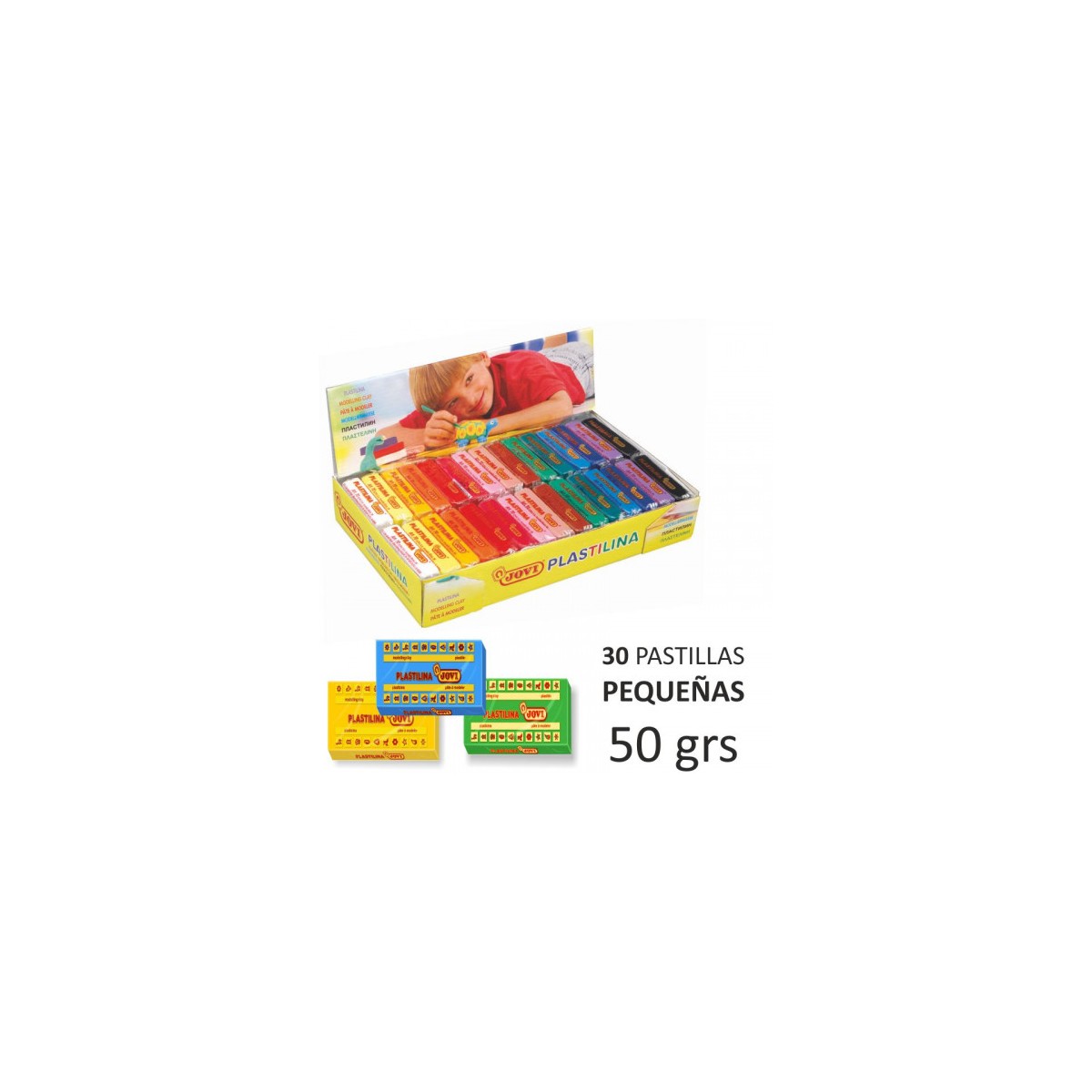 CAJA EXPOSITORA 30 PASTILLAS PLASTILINA 50 G COLORES SURTIDOS 2 UDS X 15 COLORES JOVI 70S