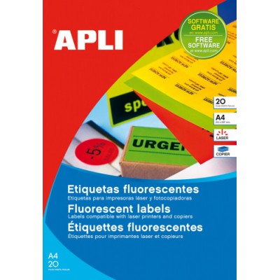 PACK 20 HOJAS 20UDETIQUETAS NARANJA FLUORESCENTE PERMANENTES 2100 X 2970 MM APLI 2879