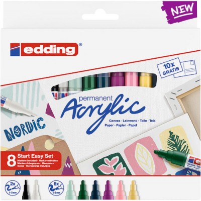 Edding Acrylic Negro Azul Marron Verde Azul claro Rosa Purpura Blanco Amarillo 8 piezas