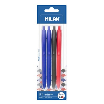 Milan BWM10254 Negro Azul Rojo Boligrafo de punta retractil con pulsador 4 piezas