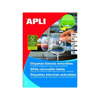 CAJA 100 HOJAS ETIQUETAS BLANCAS REMOVIBLES 380 X 212 MM APLI 3052